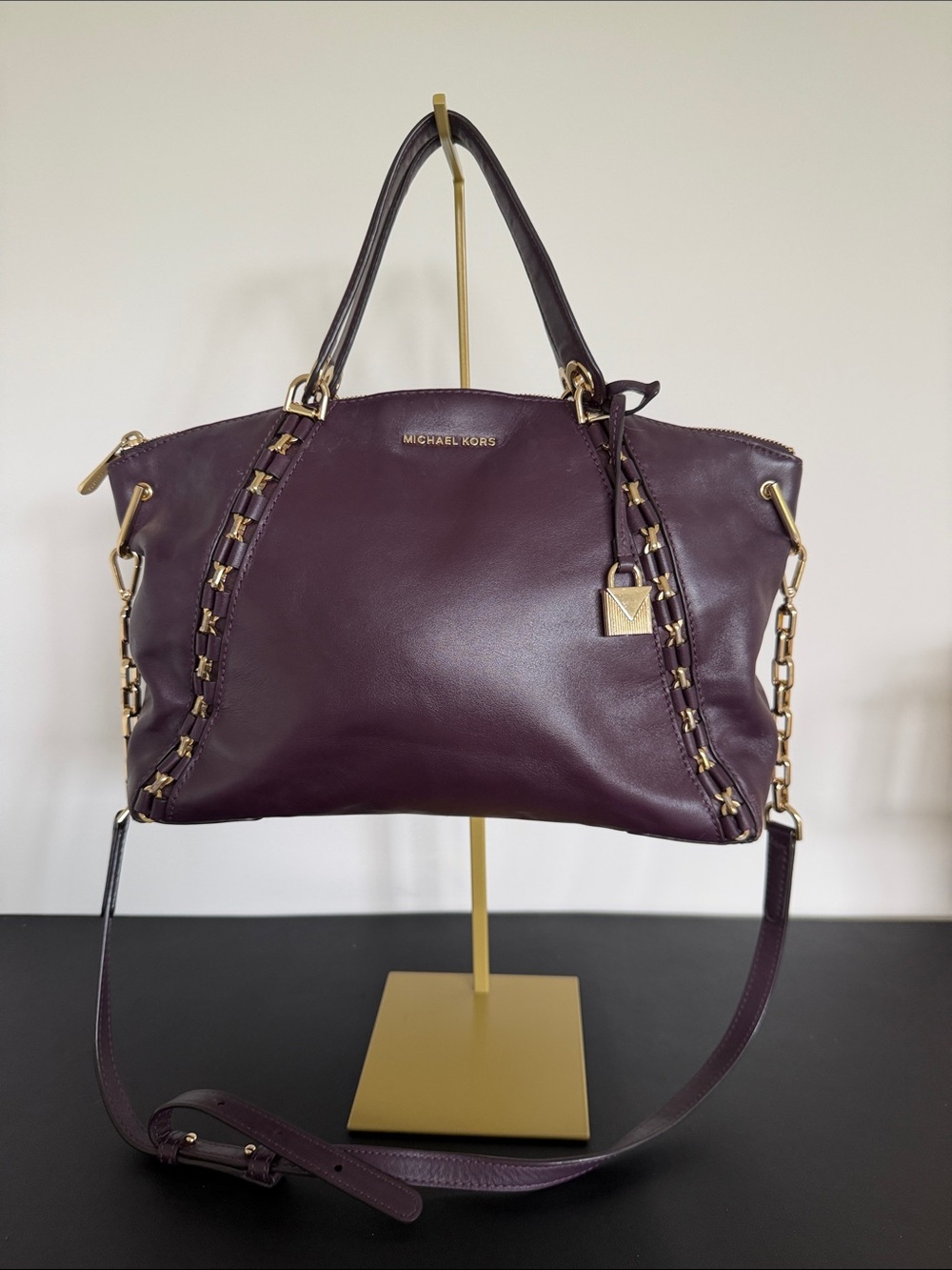 Michael Kors Plum Leather Satchel Crossbody Gold Chain